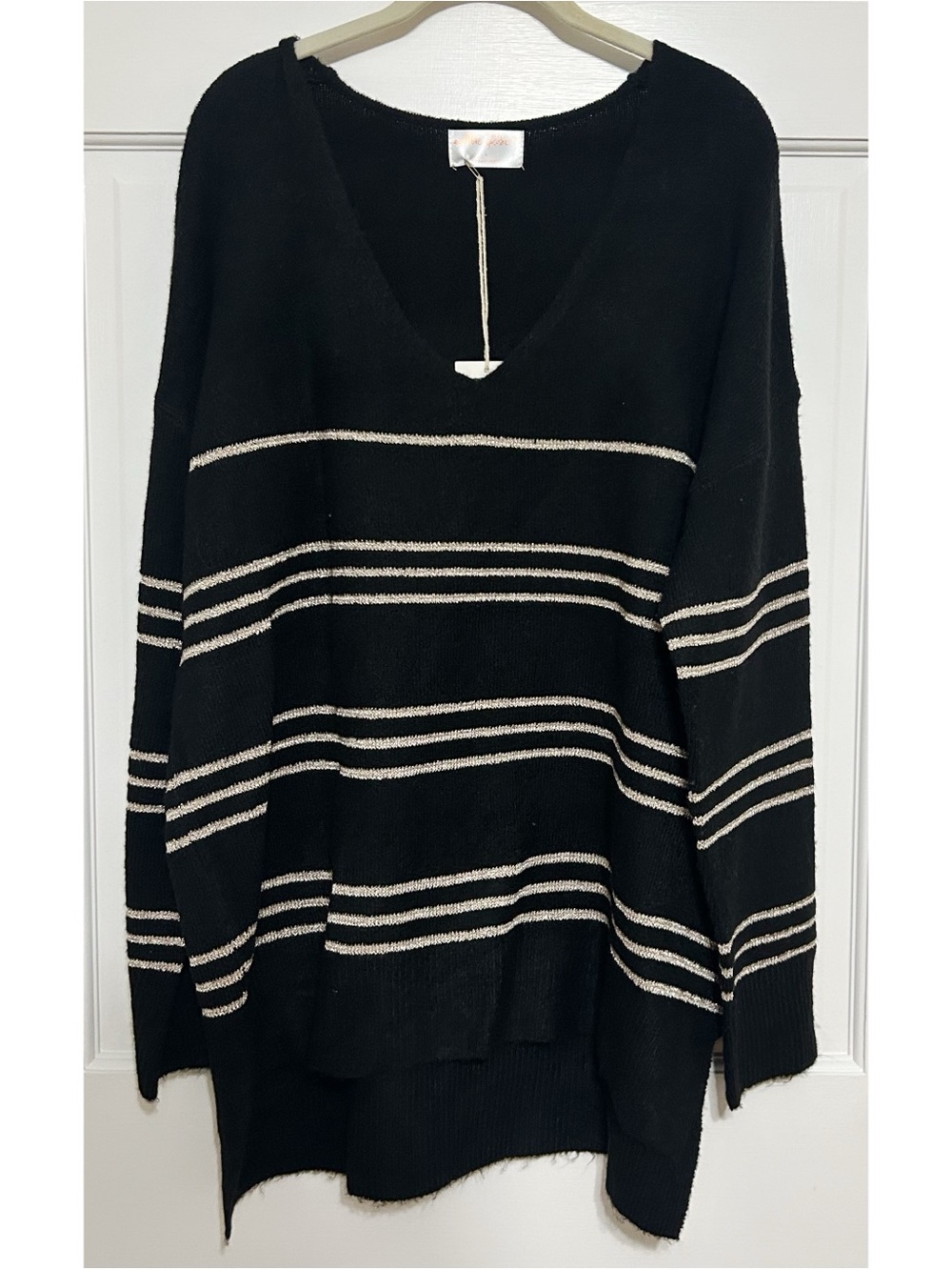 MINKPINK Black V-Neck Sweater with Cream Stripes